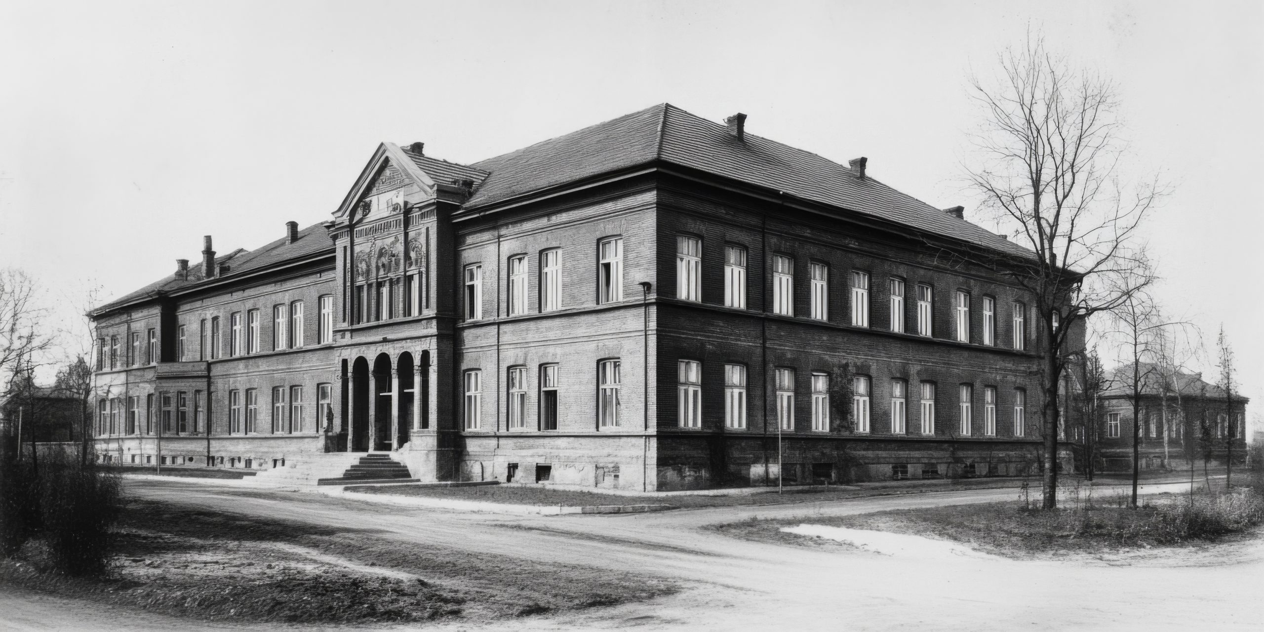 Black and white photograph of a historic brick school building from the early 20th century, showcasing classic architectural details and a symmetrical facade.