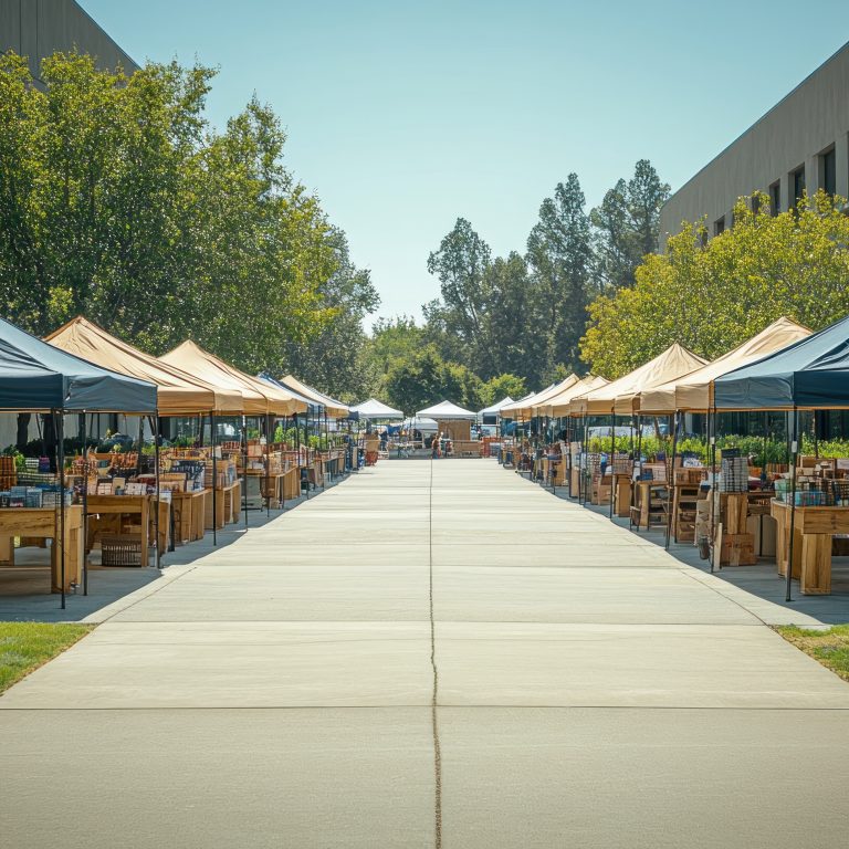 Outdoor Market Stalls Line Campus Walkway